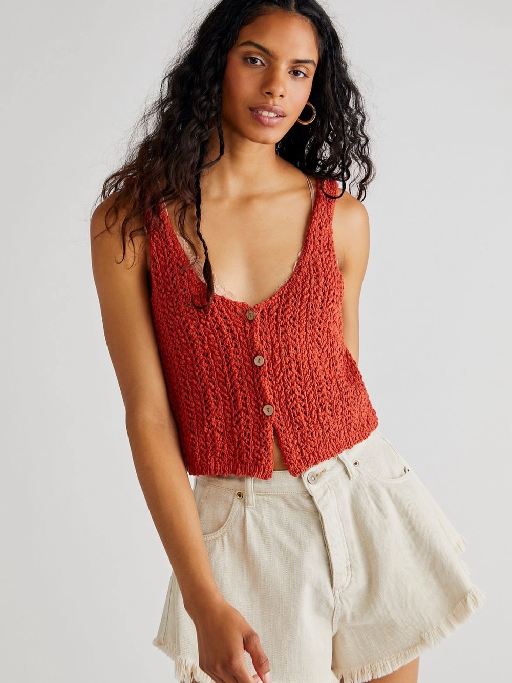 Free people knit rust red tank with buttons